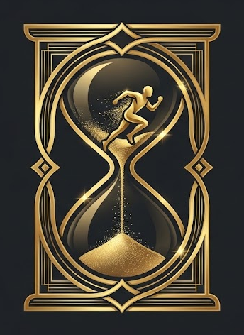 TrueUrgency logo: a golden runner leaping out of an hourglass